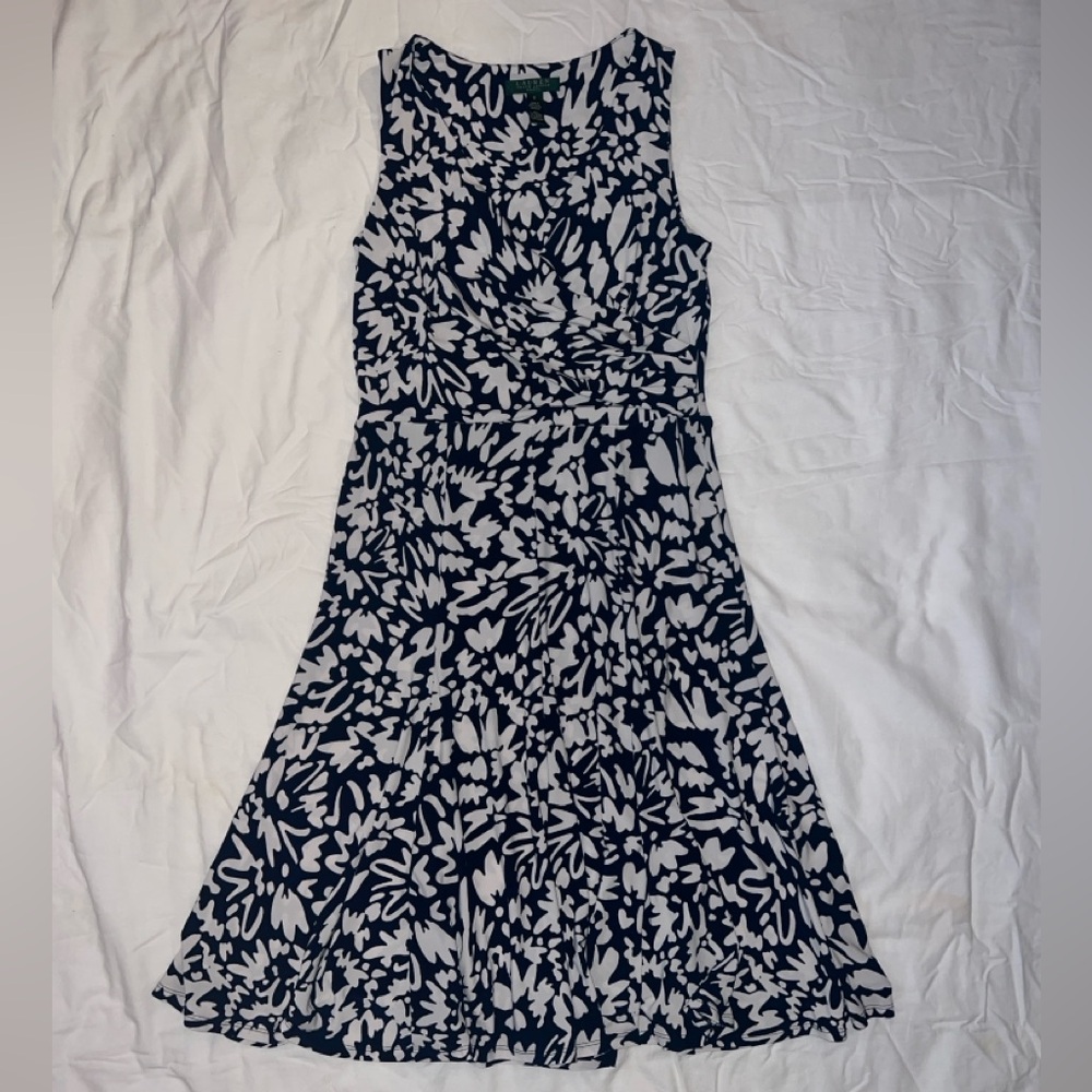 Ralph Lauren Navy & White Patterned V-Neck Dress